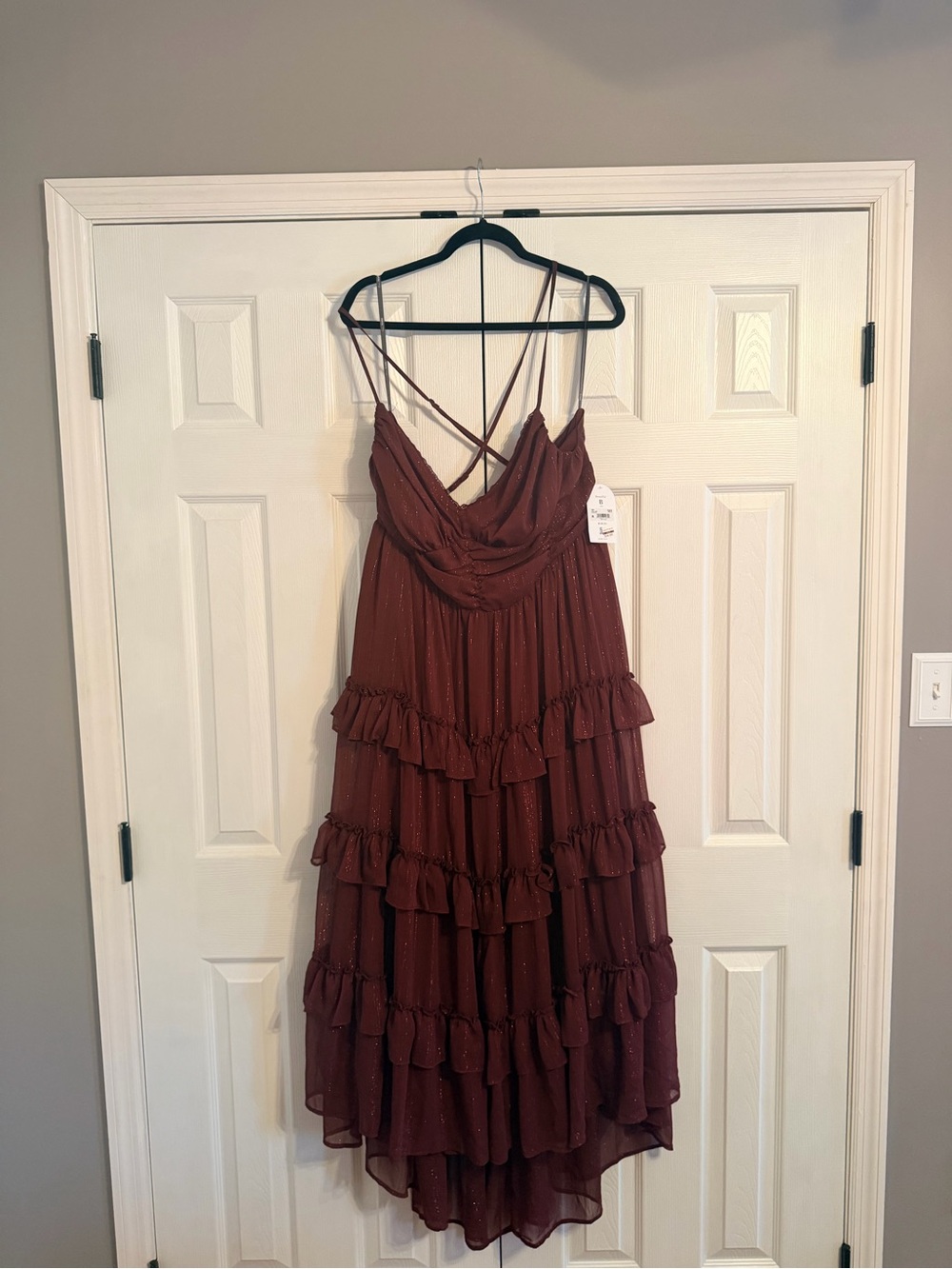 ARULA Burgundy Sparkle Ruffled Maxi Dress